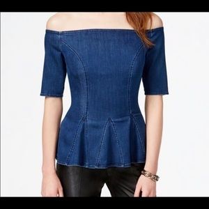 GUESS Off-The-Shoulder Denim Peplum Top